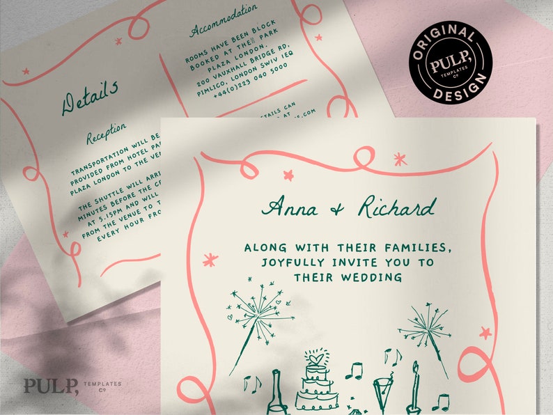 WEDDING INVITATION SET template hand drawn scribble illustrations & handwritten funky, colorful, fun whimsical trendy 0030 image 2