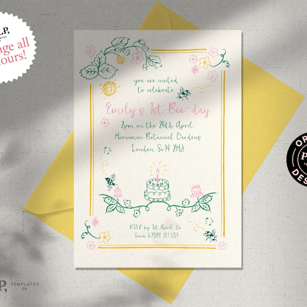 BIRTHDAY INVITE TEMPLATE | child kids birthday | 1st bee-day hand drawn | summer | quirky funky illustration | handwritten | drinks | 0048