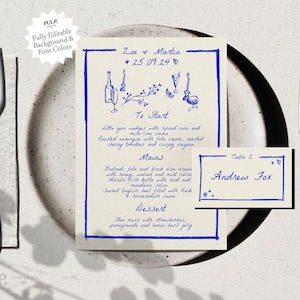 MENÚ + Plantilla de TARJETA DE LUGAR / Dibujado a mano y garabato escrito a mano ilustrado Menú de boda caprichoso / Azul moderno Funky colorido / V2 / 0024