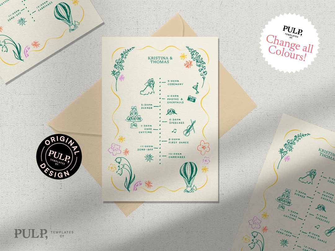 WEDDING TIMELINE CARD Template | Order of Events | Day Details ...