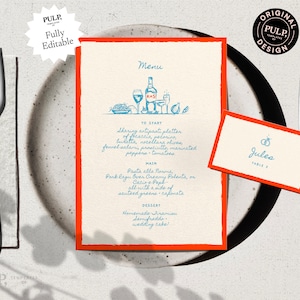 MENU + PLAATS KAART sjabloon | heldere gewaagde kleurrijke uitnodiging met handgeschreven, handgetekende eigenzinnige illustraties | grillig & leuk | 0039