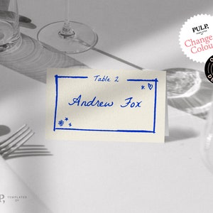 TARJETAS DE LUGAR DE MESA / ajuste de lugar de recepción caprichoso colorido / ajuste de lugar de nombre azul / dibujado a mano escrito a mano / cena / 0024