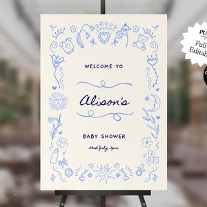 BABY SHOWER welcome sign template | boy, girl, gender neutral, baby shower invitation | cute hand drawn border + handwritten | blue | 0033