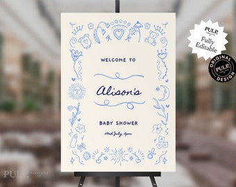 BABY SHOWER welcome sign template | boy, girl, gender neutral, baby shower invitation | cute hand drawn border + handwritten | blue | 0033