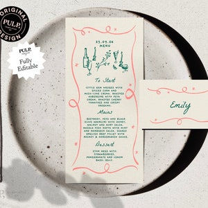 MENU + PLACE CARD Template | Hand drawn & Handwritten scribble illustrated Whimsical Wedding Menu | Trendy Wavy Printable dl 4 x 9" | 0030