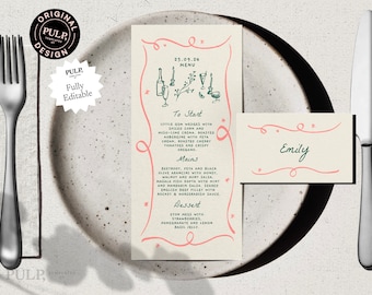 MENU + PLACE CARD Template | Hand drawn & Handwritten scribble illustrated Whimsical Wedding Menu | Trendy Wavy Printable dl 4 x 9&quot; | 0030