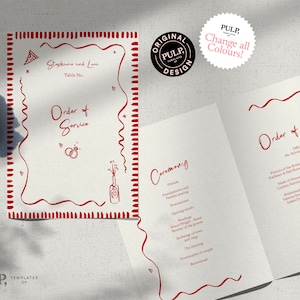 Peut inclure: Modèle de cérémonie de mariage rouge et blanc avec une illustration de part de pizza et de bouteille de champagne. Le modèle comprend le texte "Ordre du service" et "Cérémonie".
