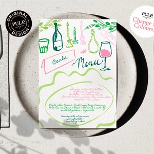 May include: A green and pink menu card with the word "Carla" and "Menu" written on it. The menu lists a sharing antipasti platter, pasta alla norma, pink lagu, creamy polenta, and homemade tiramisu.