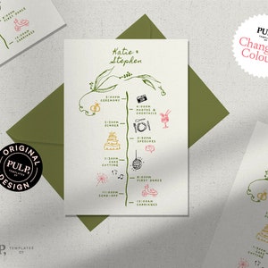 Modello CRONOLOGIA DEL MATRIMONIO / ordine degli eventi / dettagli del giorno / icone illustrate disegnate a mano in italiano / download modificabile e stampabile / 0036