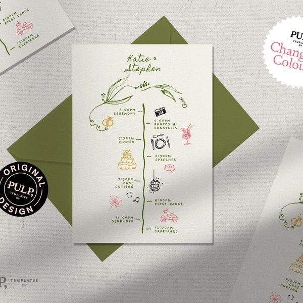 WEDDING TIMELINE CARD template | order of events | day details | Italian hand drawn illustrated icons | editable printable download | 0036