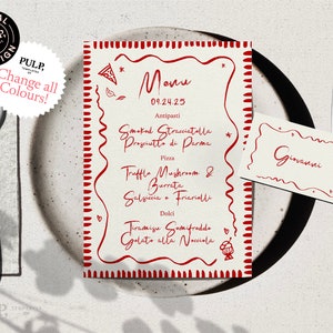 Modello MENU + SEGNAPOSTO / Cena di prova / Pizza Party italiana / Doodle disegnato e scritto a mano illustrato matrimonio stravagante / 0041