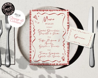 MENU + PLACE CARD Template | Rehearsal Dinner | Italian Pizza Party | Hand drawn & Handwritten doodle illustrated whimsical wedding | 0041