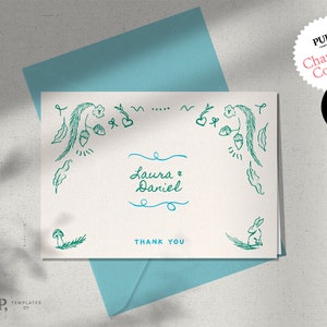 modelo de CARTÃO DE OBRIGADO | festa de casamento da floresta inspirou cartões de agradecimentos | ilustrações desenhadas à mão | manuscrito | colorido personalizado | 0033