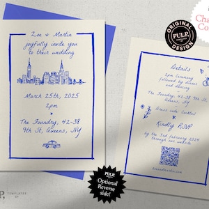 WEDDING INVITE TEMPLATE (double sided) | New York City | quirky whimsical scribbled hand drawn illustrated | funky handwritten | nyc | 0024