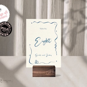 Modelo de NÚMEROS DA TABELA DE RECEPÇÃO | Mesa de Casamento | Assentos | Borda ondulada retrô | Ilustrações manuscritas e desenhadas à mão | 0041