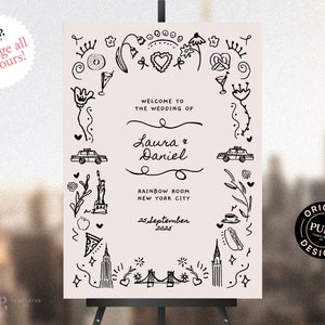 NYC WILLKOMMEN ZEICHEN Vorlage | Hochzeit, Junggesellinnenabschied, Geburtstagsfeier | new york city | handgezeichnetes Doodle | handgeschrieben | 0033