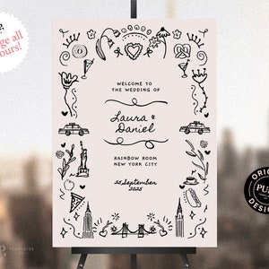 NYC WELCOME SIGN template | wedding, bachelorette, birthday party sign | new york city | hand drawn doodle | handwritten | 0033