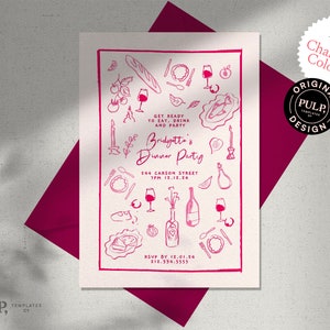 DINNER PARTY INVITE template | birthday party invitation | wedding rehearsal | whimsical, funky, hand drawn, handwritten | download | 0035