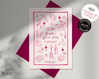 DINNER PARTY INVITE template | birthday party invitation | wedding rehearsal | whimsical, funky, hand drawn, handwritten | download | 0035
