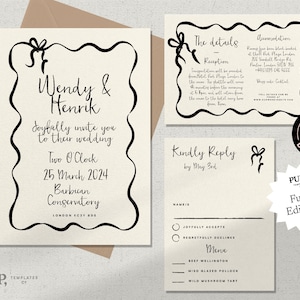 WEDDING INVITATION SET template | Retro Vintage Mid Century Style w/ Black Scallop Wavy Edge Bow | Instant Download | Handwritten | 0021