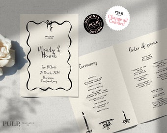 WEDDING CEREMONY PROGRAM template | Wavy Ribbon Hand Drawn Illustration with bow | Handwritten |  4 Sided, Folded Order of Service | 0021