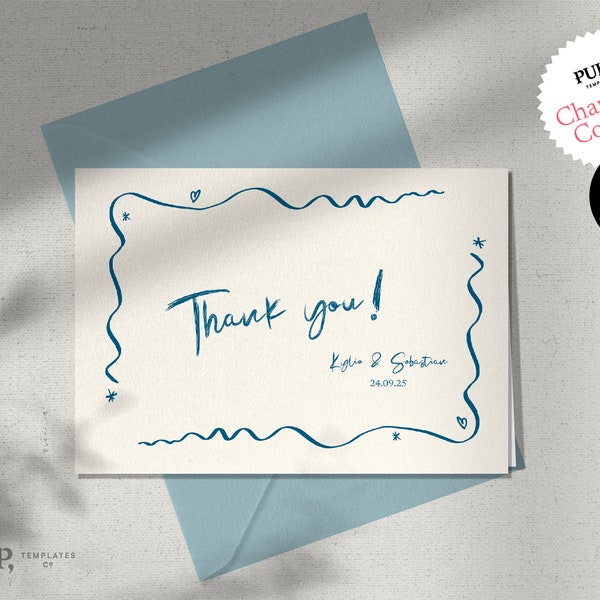 THANK YOU CARD template | wavy edge ribbon hand drawn illustrations and handwritten wedding thank you note | printable download | 0041