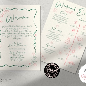 LETTRE DE BIENVENUE DE MARIAGE + modèle de chronologie | itinéraire | mot de bienvenue | bord ondulé | floral | événements du week-end | manuscrite dessinée à la main | 0041