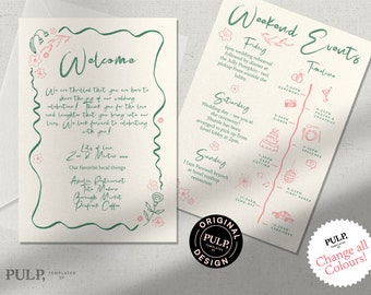 WEDDING WELCOME LETTER + timeline template | itinerary | welcome note | wavy edge | floral | weekend events | handwritten hand drawn | 0041