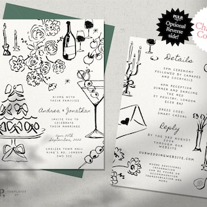 HOCHZEITSEINLADUNGSVORLAGE | doppelseitig | handgezeichnete & handgeschriebene Illustrationen | fröhliche, bunte, skurrile Tischlandschaft | 0035