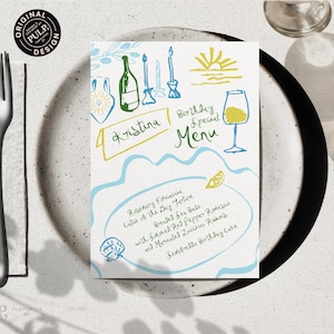 Könnte beinhalten: Eine Geburtstagskarte mit handgezeichneten Illustrationen einer Weinflasche, Kerzen und einem Weinglas. Das Menü enthält den Namen "Kristina" und die Worte "Birthday Special Menu". Die Menüpunkte sind unten aufgeführt.