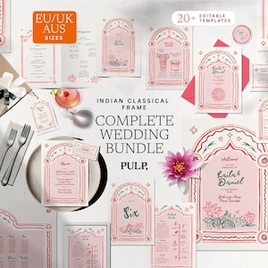 May include: A selection of pink and red wedding stationery templates featuring an Indian classical frame design. The bundle includes invitations, menus, and cards. The text reads "Indian Classical Frame Complete Wedding Bundle".
