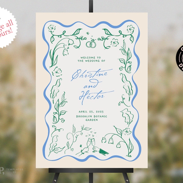 WELCOME SIGN template | colorful, whimsical, funky floral, hand drawn illustrated signage | handwritten wedding | quirky unique | 0046