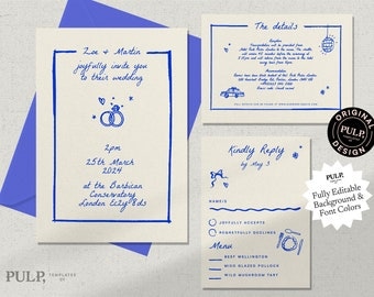 WEDDING INVITE SET template | quirky whimsical hand drawn scribble illustration suite | blue funky invitation download | digital | 0024