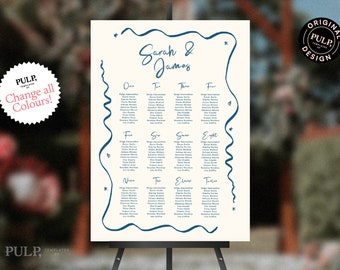 SEATING CHART TEMPLATE | colorful, whimsical wavy edge with hand drawn doodle illustrations seating chart | handwritten | blue | 0041