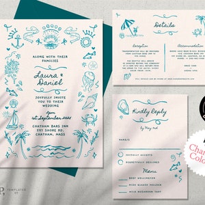 WEDDING INVITATION SET Template | destination coastal beach inspired invite | colorful hand drawn illustrations |  handwritten | 0033