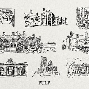 May include: Ink drawing of various buildings, including a church, a castle, and a row of houses. The word "PULP" is written in a bold font at the bottom of the image. The style is reminiscent of architectural sketches.