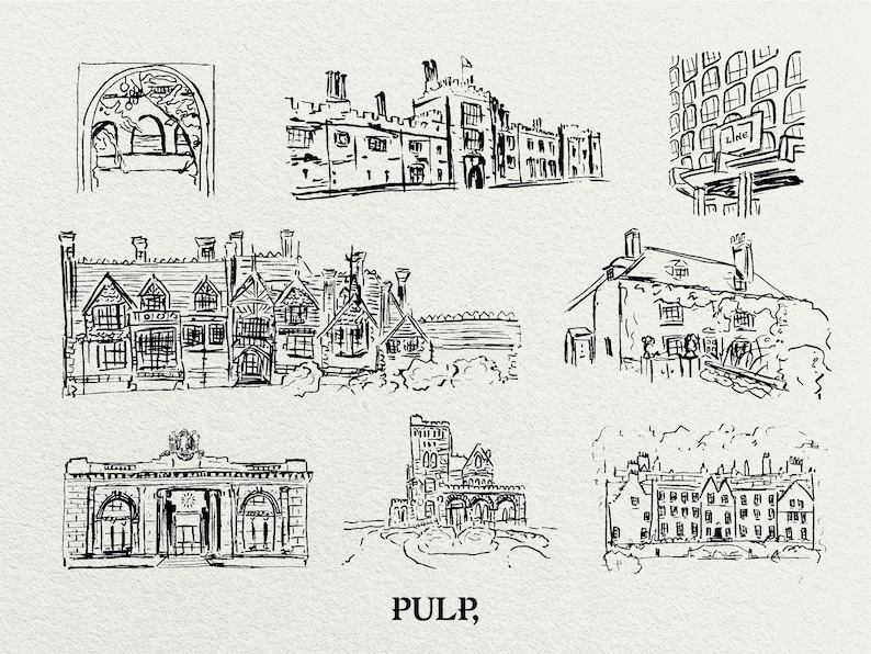 May include: Ink drawing of various buildings, including a church, a castle, and a row of houses. The word "PULP" is written in a bold font at the bottom of the image. The style is reminiscent of architectural sketches.