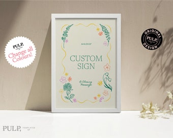 AANGEPASTE TEKENSJABLOON | handgetekende illustraties | Handgeschreven lettertype | aangepaste bruiloftsborden | evenementbord | afdrukbaar | wilde bloem | 0053