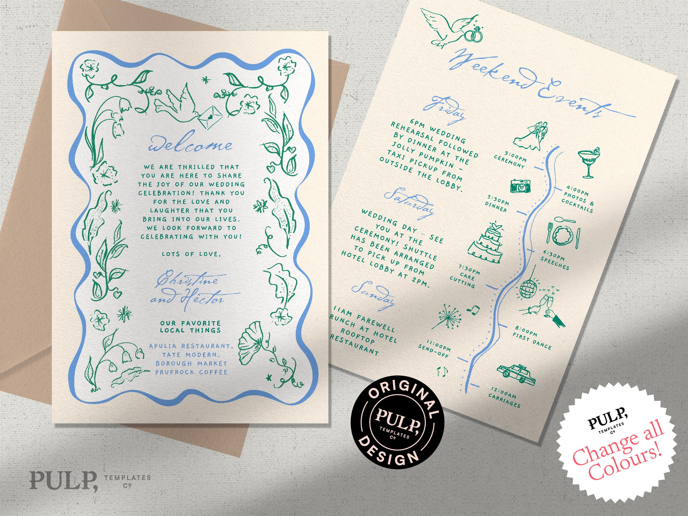 WEDDING WELCOME LETTER + timeline template | itinerary | welcome note | floral wavy edge | weekend events | handwritten hand drawn | 0046