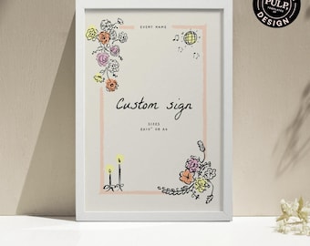 May include: A white framed printable sign with a pink and peach floral design. The sign says "Custom sign" and "Event Name". The sign is 8x10 inches or A4.