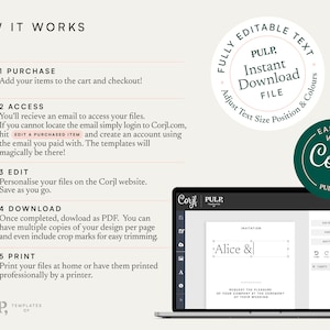 May include: A how-to guide for using a digital template service. The guide shows a laptop screen with a wedding invitation template that says "Alice &" and a list of steps for purchasing, accessing, editing, downloading, and printing the template. The guide also includes a green circle with the text "Easy Edit with Corjl" and a white circle with the text "Fully Editable Text Pulp, Instant Download File".