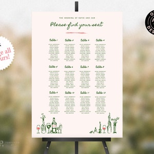 May include: A wedding seating chart with a white background and green text. The chart is titled "Please find your seat" and lists tables with guest names. The bottom of the chart features a hand-drawn illustration of wine bottles, glasses, and candles.