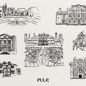 May include: Ink drawings of various buildings, including a castle, a stately home, and a lighthouse. The word "PULP," is written in a serif font at the bottom of the image. The drawings are in black ink on a cream-colored background.