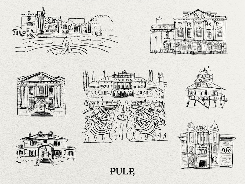 May include: Ink drawings of various buildings, including a castle, a stately home, and a lighthouse. The word "PULP," is written in a serif font at the bottom of the image. The drawings are in black ink on a cream-colored background.