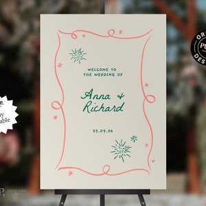 Pode incluir: Um sinal de casamento imprimível com fundo creme e ilustrações rosa e verde. O sinal diz "Bem-vindos ao casamento de Anna & Richard" e "25.09.24".