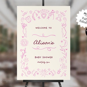 BABY SHOWER welcome sign template | boy, girl, gender neutral, baby shower invitation | cute hand drawn border + handwritten | pink | 0033