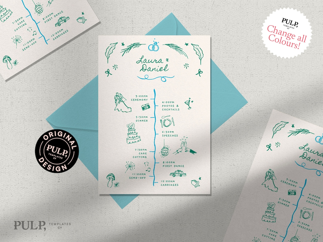 WEDDING TIMELINE CARD Template | Order of Events | Day Details | Funky ...