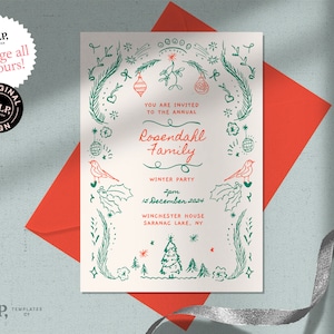 HOLIDAY PARTY INVITE template | hand drawn, whimsical winter Christmas illustrations | 0033