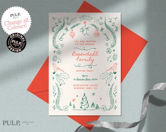 HOLIDAY PARTY INVITE template | hand drawn, whimsical winter Christmas illustrations | 0033