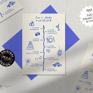 Modello WEDDING TIMELINE CARD / ordine degli eventi / dettagli del giorno / icone illustrate disegnate a mano funky / download stampabile modificabile / 0024